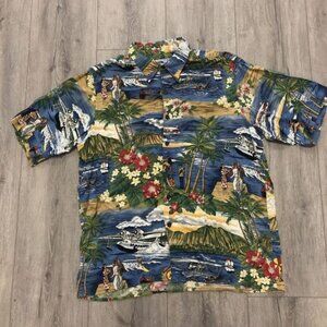 Hawaiian Shirt Short Sleeve Button-Up 100% Spun Rayon Leis Surfing Island Travel